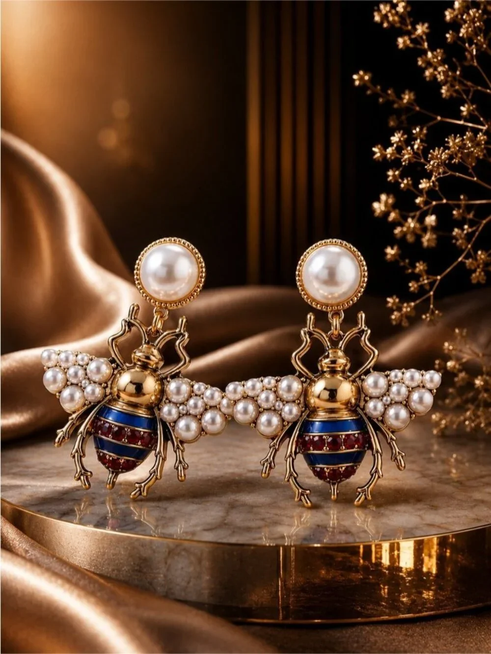 Pearl Bee Drop Earrings - Gold and Blue